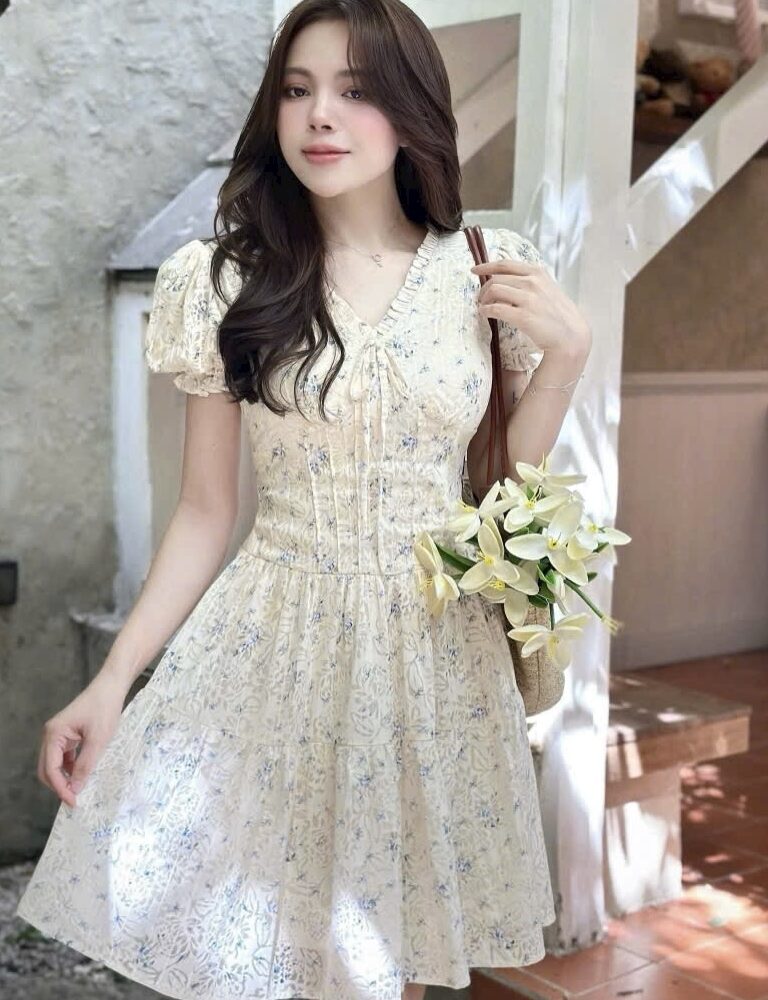 Đầm bông nhí dáng xèo cổ tay phồng