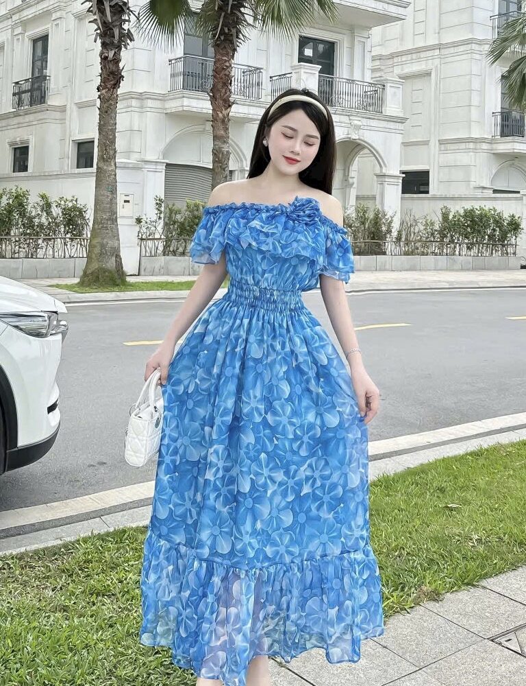 Đầm bông dáng dài rớt vai