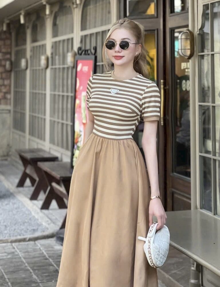 Đầm thun sọc kẻ dáng xoè