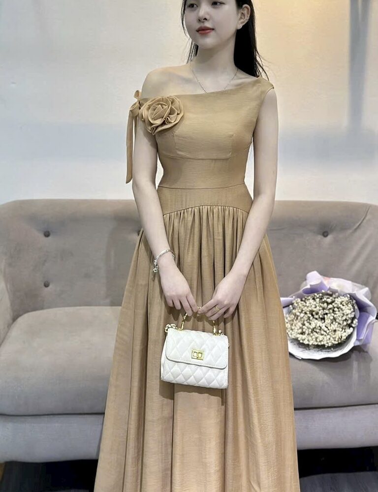 Đầm xoè lệch vai đính bông