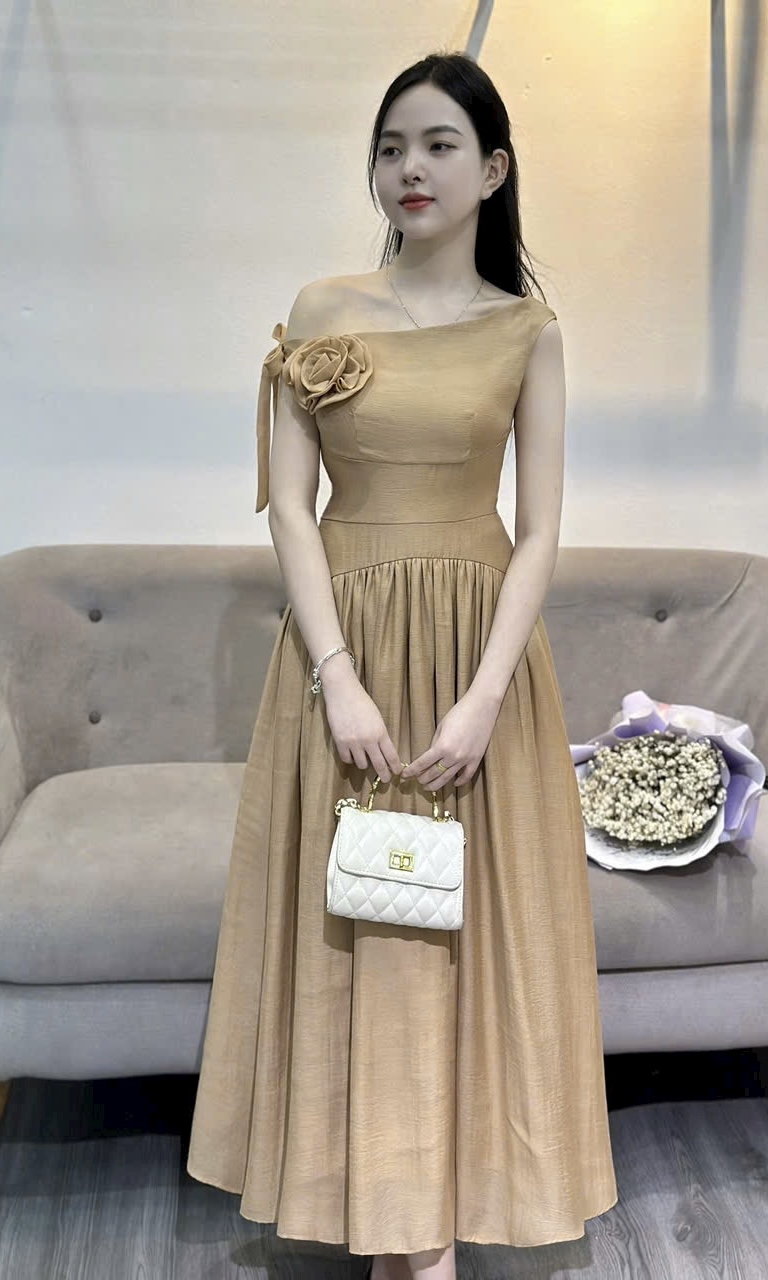 Đầm xoè lệch vai đính bông
